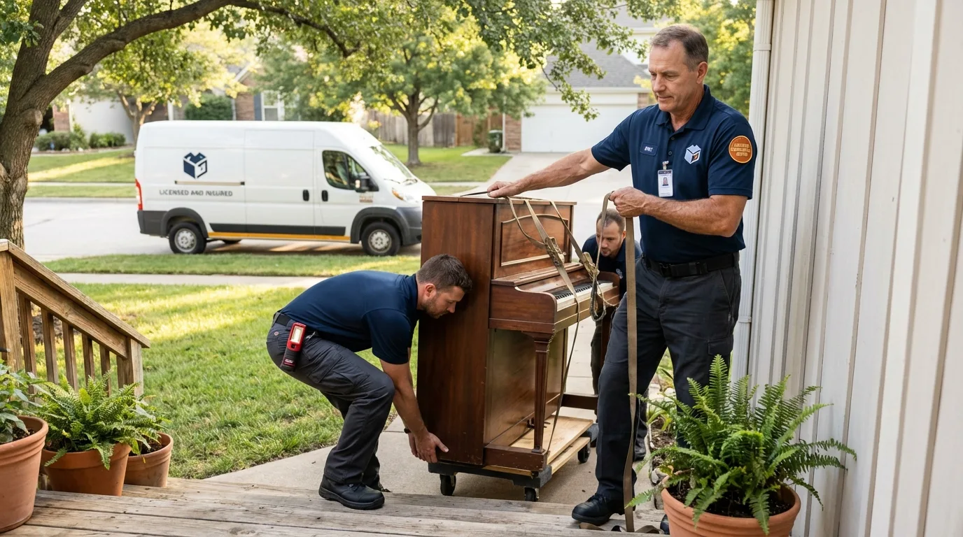 Licensed piano movers securing grand piano in Napoleon, OH