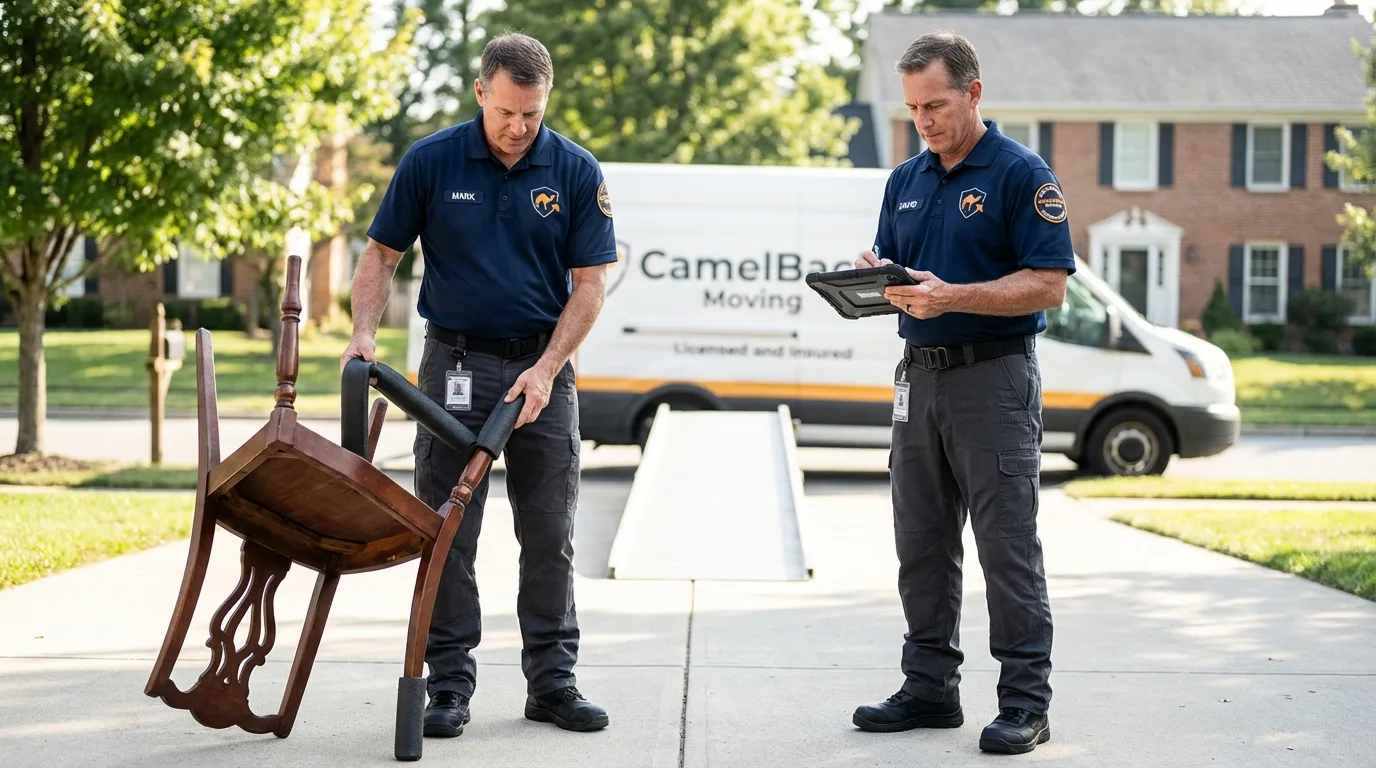 Movers inspecting furniture for damage prevention before loading in Napoleon, OH