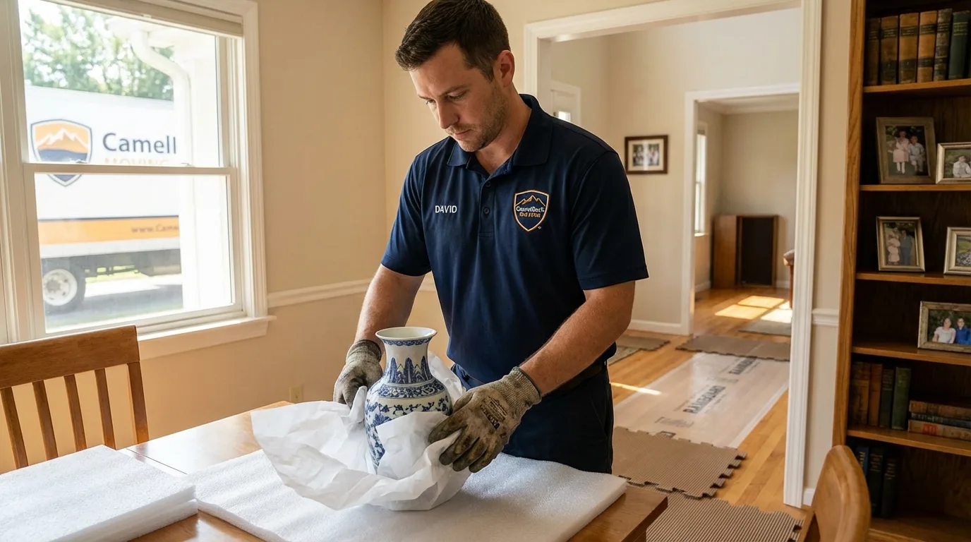 Professional crew carefully wrapping antique vase for senior downsizing move in Napoleon, OH